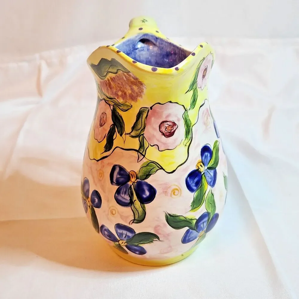 Hand Painted Floral Ceramic Pitcher Vase Signed Laura 97 Yellow Blue Pink